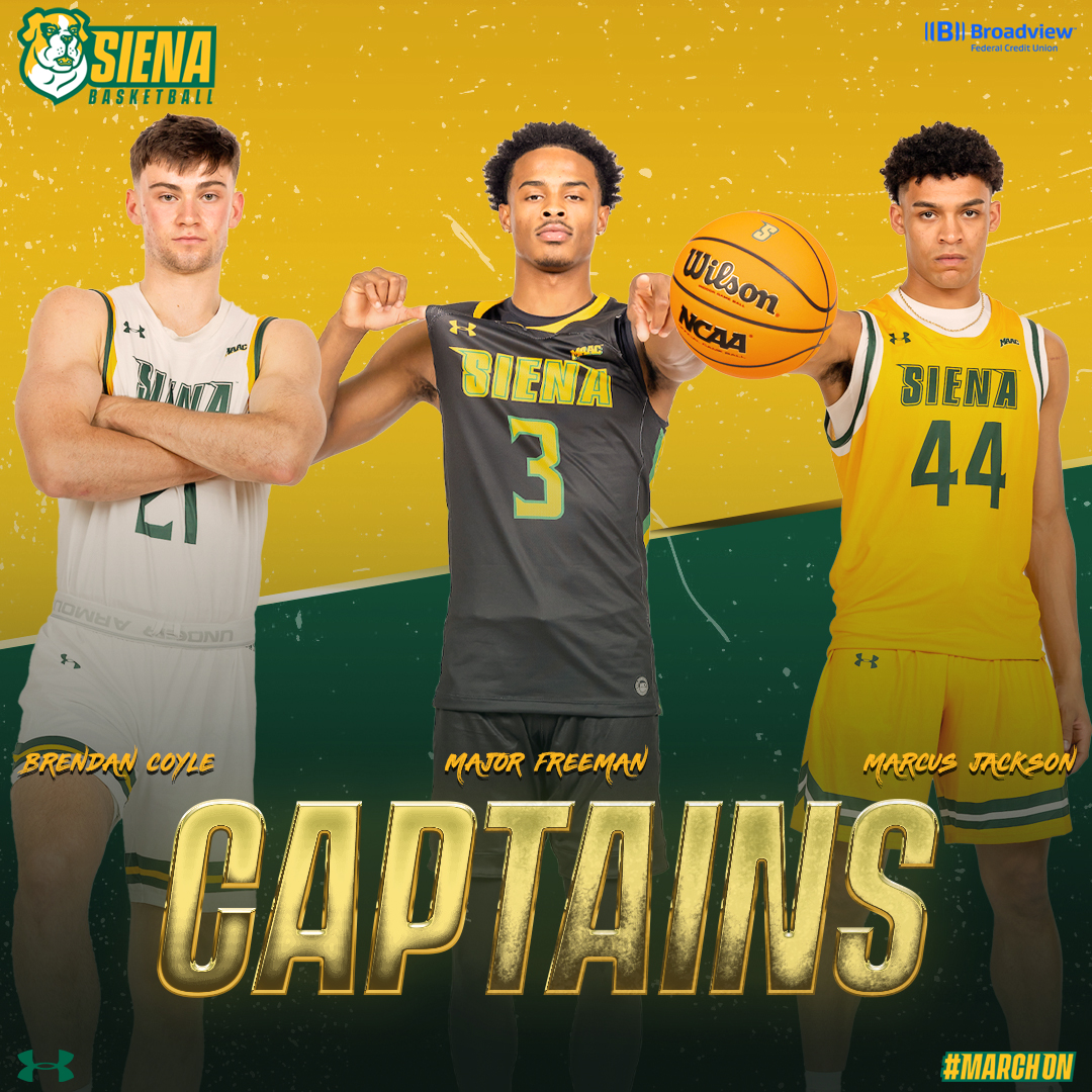 SienaMBB's tweet photo. Our leaders 😤

@Coach_McNamara has appointed @Brendan_Coyle21, @MajorFreeman11, and Marcus Jackson as our 2024-25 #SienaSaints team captains

#MarchOn https://t.co/LxfCFxu9pB