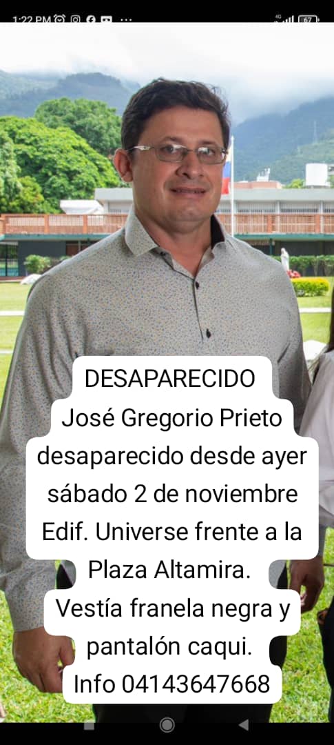 Nancy04_12_2014's tweet photo. 🚨#Desaparecido
#ServiciosPublico
#ayudaporfavor
🔵 El sábado 2 de Noviembre
En #Caracas Edificio. Universidad frente a la Plaza #Altamira
💔 Entre todo ayudemos a la familia del Sr. *JOSÉ GREGORIO PRIETO QUE #APAREZCA SANO Y SALVO
*DIOS TANTO DESAPARECIDO*😢 https://t.co/vntYfaGbwK