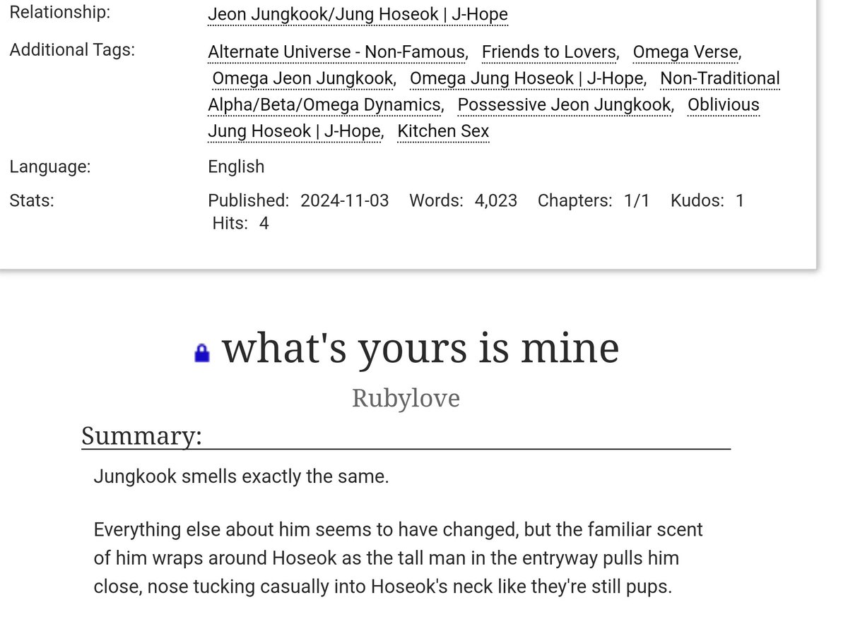 Ruby_though's tweet image. Fic post!

what's yours is mine
☀️Explicit, 4k, Koobi
☀️Hobi belongs to Jungkook in every universe I don't make the rules 
☀️the same great feels you've come to expect from a Rubylove PWP
☀️user locked, link in reply