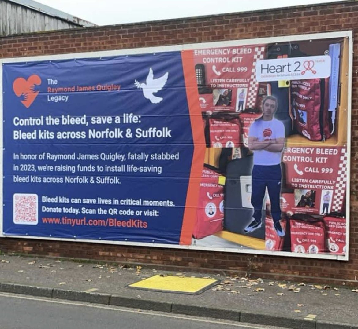 The Raymond James Quigleys Legacy billboard went up in Norwich, advertising the bleed kits, Heart 2 Heart Norfolk,both available 24/7 with the defibs.Raising awareness of control the bleed kits across Norfolk &amp; Suffolk #Norfolk #controlthebleed #bleedkits #Norwich #billboard #AED