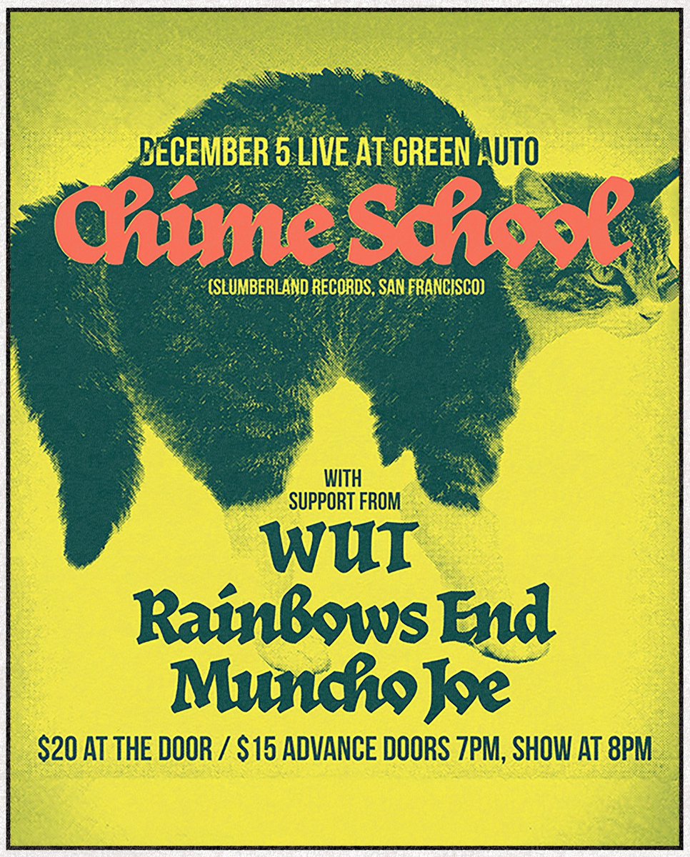 Chime School (@chimeschool) on Twitter photo Kicking off a short PNW run in Vancouver next month Dec 5 at Green Auto with WUT, Muncho Joe, and Rainbows End! 
Tickets - eventbrite.com/e/chime-school… Kicking off a short PNW run in Vancouver next month Dec 5 at Green Auto with WUT, Muncho Joe, and Rainbows End! 
Tickets - eventbrite.com/e/chime-school…