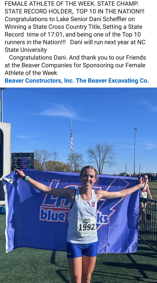 btsohio's tweet image. FEMALE ATHLETE OF THE WEEK,  #STATECHAMP #STATERECORD TOP 10 IN NATION. Lake Senior Dani Scheffler. Dani won the DI State Title in CC and set a New State Record
 Dani is committed to Run next year at NC State
#crosscountry