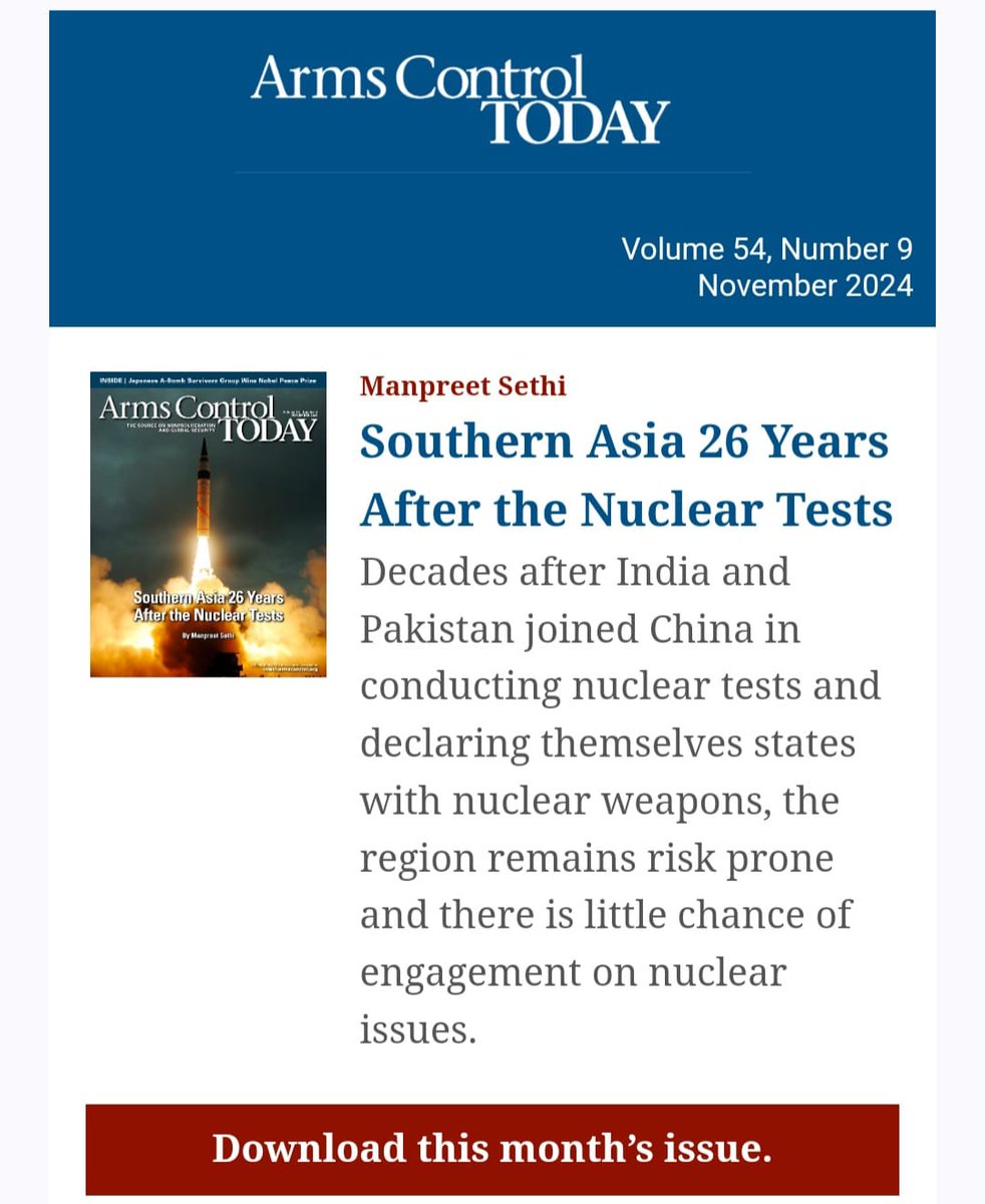 Manpreet Sethi (@manpreetsethi01) on Twitter photo In the Nov issue of Arms Control Today, I examine the Southern Asian nuc dyads and what has changed from 1998 to now in terms of 4Cs -- their capabilities, concepts of deterrence, crises behavior and communication patterns. <a href="/APLNofficial/">Asia-Pacific Leadership Network</a> <a href="/ArmsControlNow/">Arms Control Assoc</a> <a href="/CAPS_INDIA/">CAPS India</a> In the Nov issue of Arms Control Today, I examine the Southern Asian nuc dyads and what has changed from 1998 to now in terms of 4Cs -- their capabilities, concepts of deterrence, crises behavior and communication patterns. <a href="/APLNofficial/">Asia-Pacific Leadership Network</a> <a href="/ArmsControlNow/">Arms Control Assoc</a> <a href="/CAPS_INDIA/">CAPS India</a>