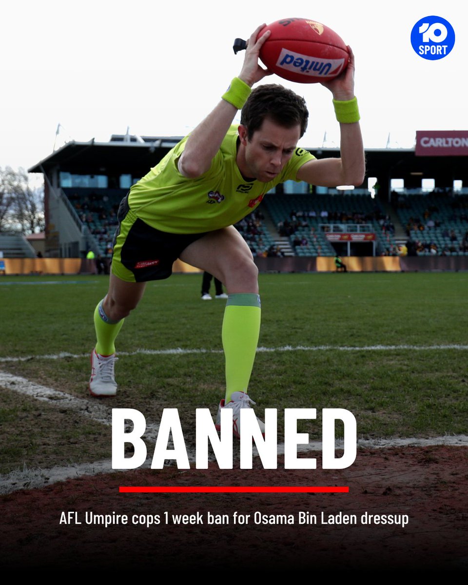 10SportAU's tweet photo. #BREAKING: AFL umpire Leigh Haussen will not umpire in Round 1 of the 2025 season after admitting to dressing as Osama Bin Laden at an umpire's end of season function.
The event was held the day after the AFL Grand Final in a private room at a Melbourne restaurant. The theme for the event was 'characters from the 2000's'.
Haussen changed into the Bin Laden costume at the venue and wore a mask for a short period of time, no skits were performed.
He has issued an apology for his conduct.
โI am sorry. I made an error of judgement. I never intended to offend anyone.โ Haussen said.