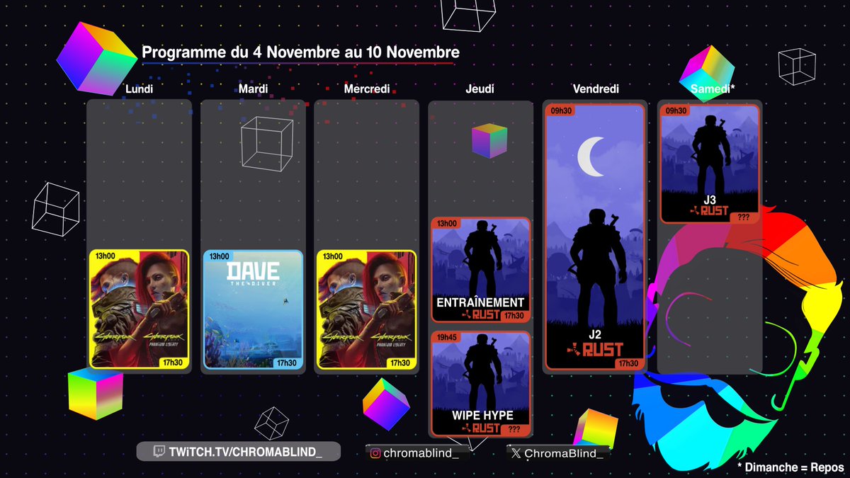 ChromaBlind_'s tweet image. 🗓️ Le calendrier de la semaine est enfin prêt !
On commence la semaine tranquille avec du CyberPunk 2077🦾(quêtes secondaires de PL et fin du jeu), et du Dave the Diver (on découvre la zone glaciaire❄️).
Et bien sur, qui dit premier jeudi du mois dit Rust de Jeudi à samedi ! 😅