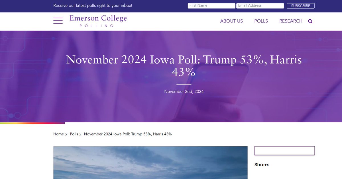 Johnny_Nitrogen's tweet image. The Liberal Media is pumping a specific poll that says Harris is Ahead of Trump in Iowa, but they are not covering the Emerson Poll that came out the day after saying Trump is at 53% and Harris is at 43% which agrees with previous polls.  
emersoncollegepolling.com/november-2024-…
#IowaPoll