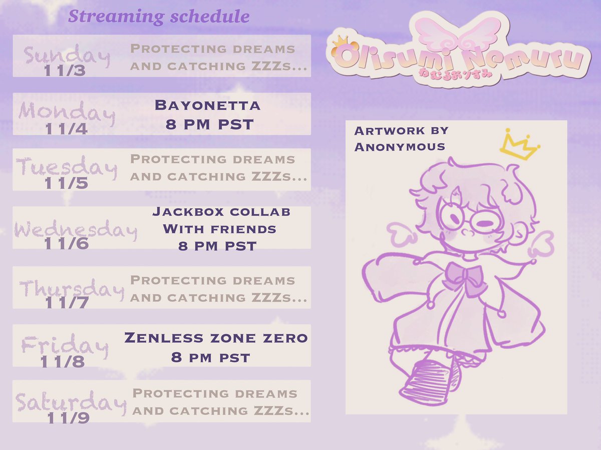 OlisumiNemuru's tweet photo. Schedule for the week is live! Making up for Friday’s missed stream for Monday’s game being played. 💜 #vtuber #streamschedule #vtuberidol #indievtuber #olisuminemuru #twitch #twitchstreamer #contentcreator (Artist featured: Anonymous) https://t.co/vKbf9k536G