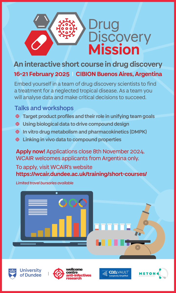WCAIRDundee's tweet photo. Are you a #drugdiscovery scientist in Argentina or Uruguay?  Last week to apply for our Drug Discovery Mission course in #Argentina https://t.co/q0Cu6OL9Rm https://t.co/OQoiaixXD8
