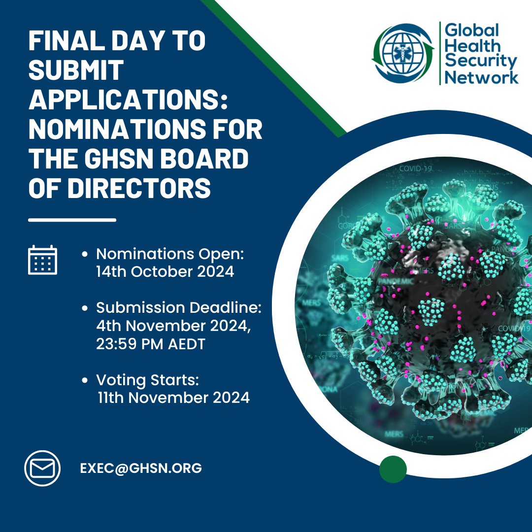 Global Health Security Network (@ghs_network) on Twitter photo 📢 Final Day to Apply for the 2024 GHSN Board of Directors!
Don’t miss out on joining the leadership team—General Director & Student Rep roles open!
Apply by 23:59 PM AEDT:
✔️ CV
✔️ 400-word statement
✔️ Photo
Email: exec@ghsn.org
#GHSN #Leadership #GlobalHealth 📢 Final Day to Apply for the 2024 GHSN Board of Directors!
Don’t miss out on joining the leadership team—General Director & Student Rep roles open!
Apply by 23:59 PM AEDT:
✔️ CV
✔️ 400-word statement
✔️ Photo
Email: exec@ghsn.org
#GHSN #Leadership #GlobalHealth