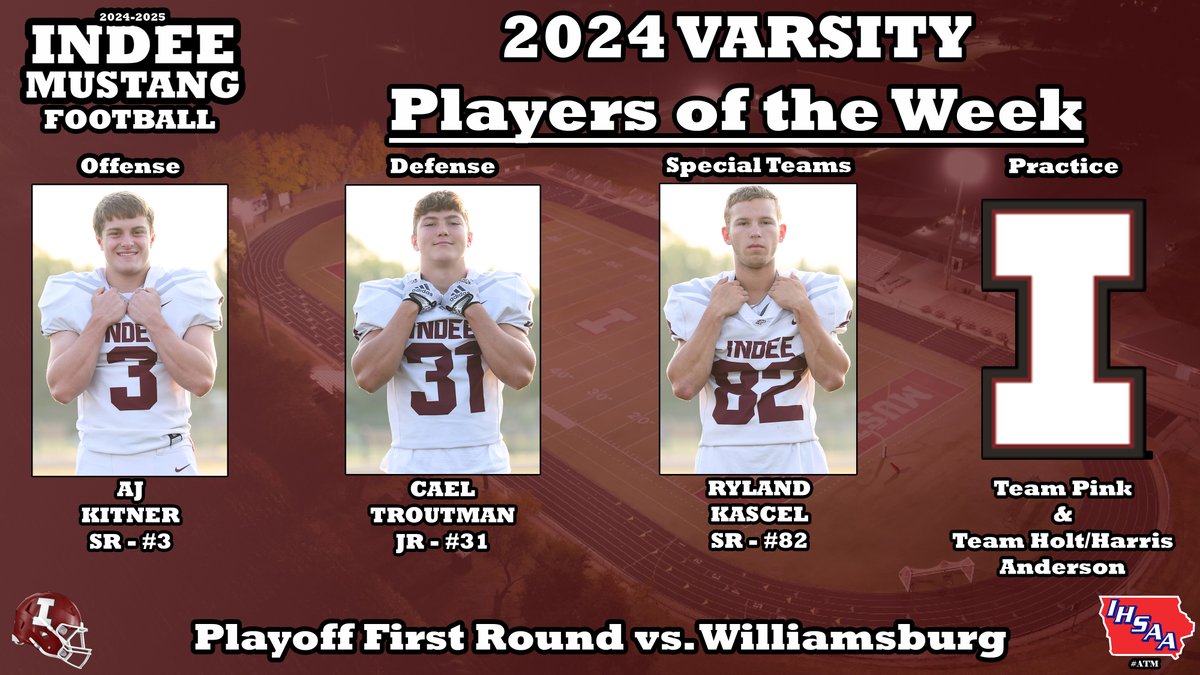 1st Round Playoffs - Players of the Week

Offense - AJ Kitner
Defense - Cael Troutman
Special Teams - Ryland Kascel
Practice - Team Pink &amp; Team Holt/Harris/Anderson

#ATM #RoadToTheDome