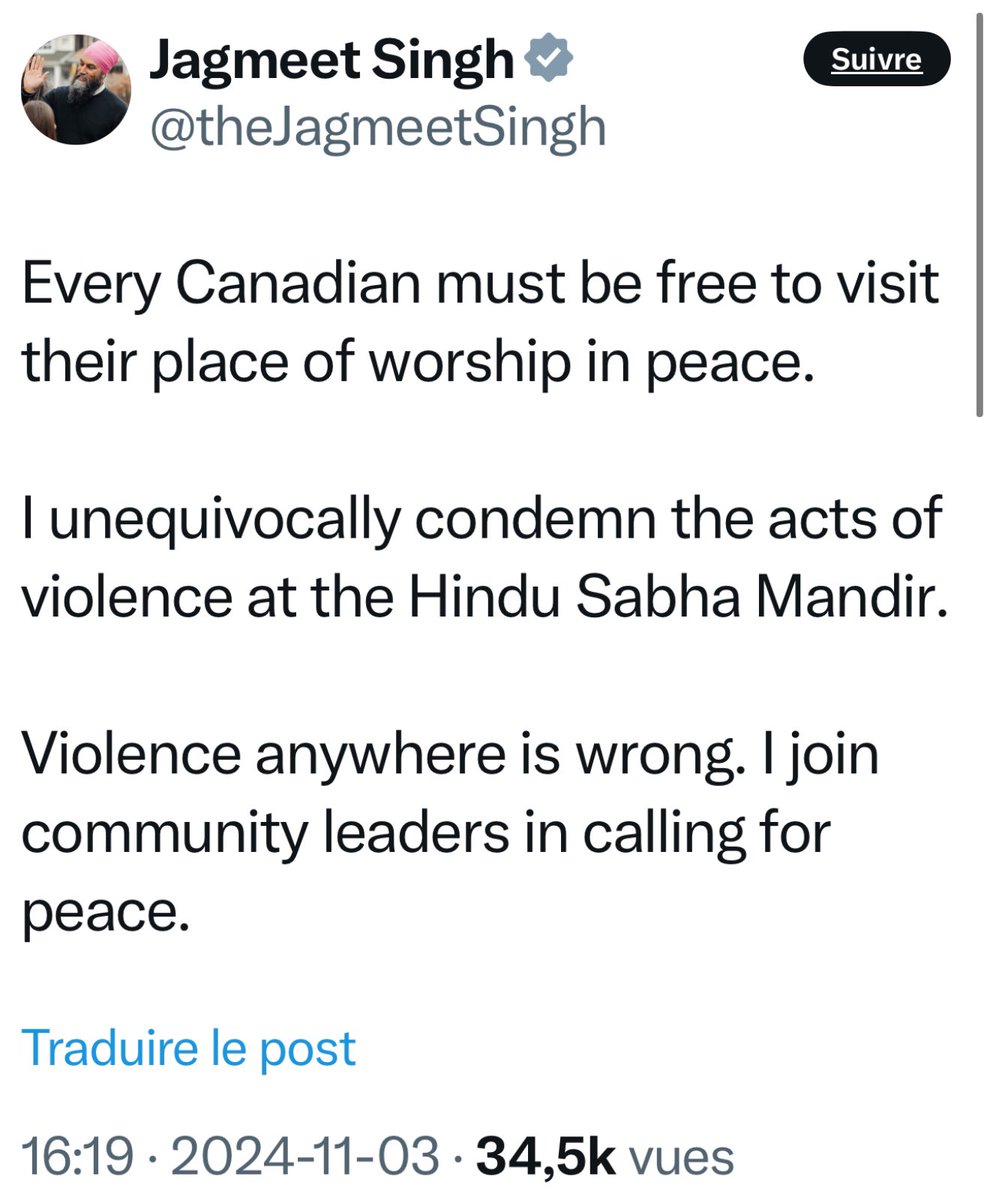 MaximeBernier's tweet photo. Can you spot the difference between my tweet and that of the three establishment party leaders? 

Not one of these cowards dares to even name the KHALISTANI SIKHS who are committing the violence. They’re afraid to offend some voters, even though Khalistani supporters are a minority of Sikh Canadians. 

This complacency explains why Khalistani extremism keeps growing in this country.