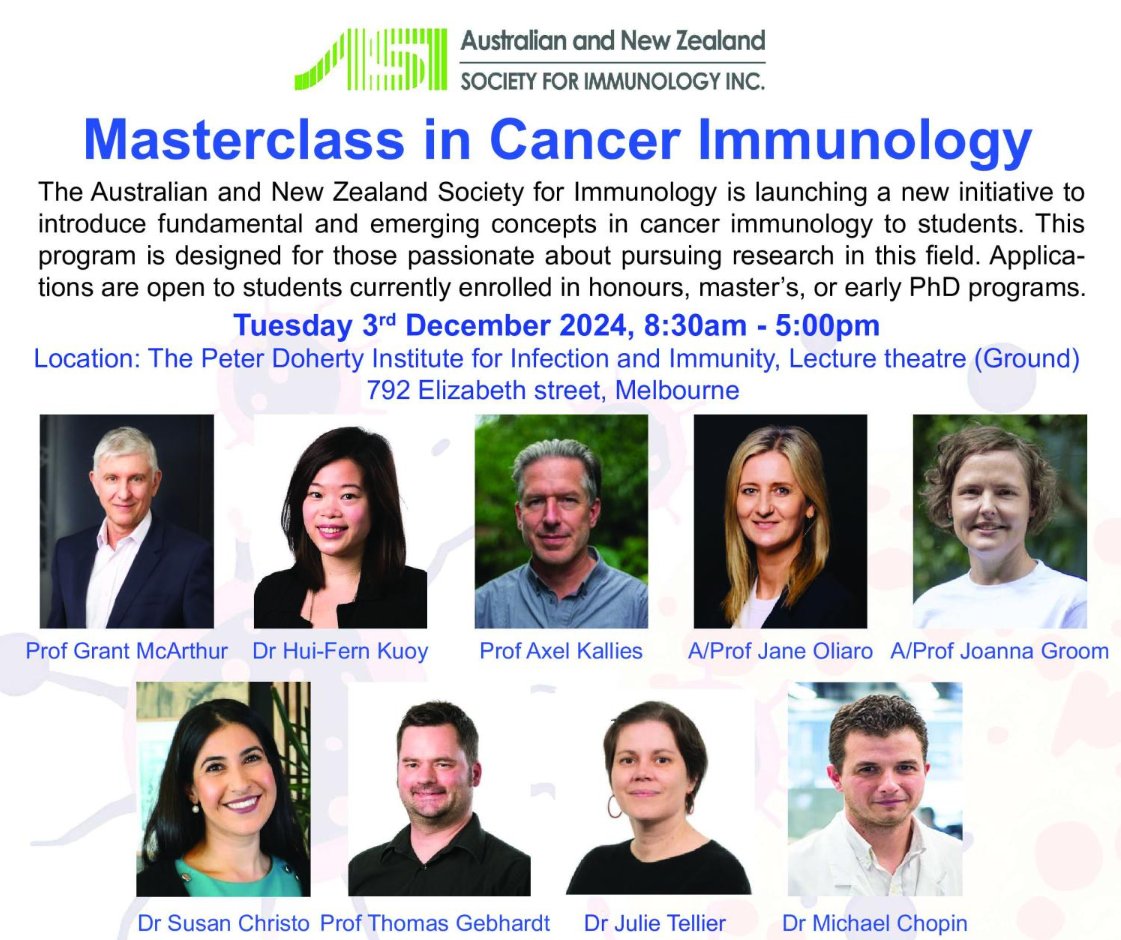 ASI VIC TAS branch (@immunogroupvic) on Twitter photo 📢Join us on Dec 3rd for the <a href="/ASImmunology/">Australian and New Zealand Society for Immunology</a> Cancer Immunology Masterclass! Hear from world-leading researchers in #cancer immunology to learn about research being done at the cutting edge of the field. Held <a href="/TheDohertyInst/">Doherty Institute</a> Auditorium, register below⬇️!
immunology.org.au/events/ASI-VIC… 📢Join us on Dec 3rd for the <a href="/ASImmunology/">Australian and New Zealand Society for Immunology</a> Cancer Immunology Masterclass! Hear from world-leading researchers in #cancer immunology to learn about research being done at the cutting edge of the field. Held <a href="/TheDohertyInst/">Doherty Institute</a> Auditorium, register below⬇️!
immunology.org.au/events/ASI-VIC…
