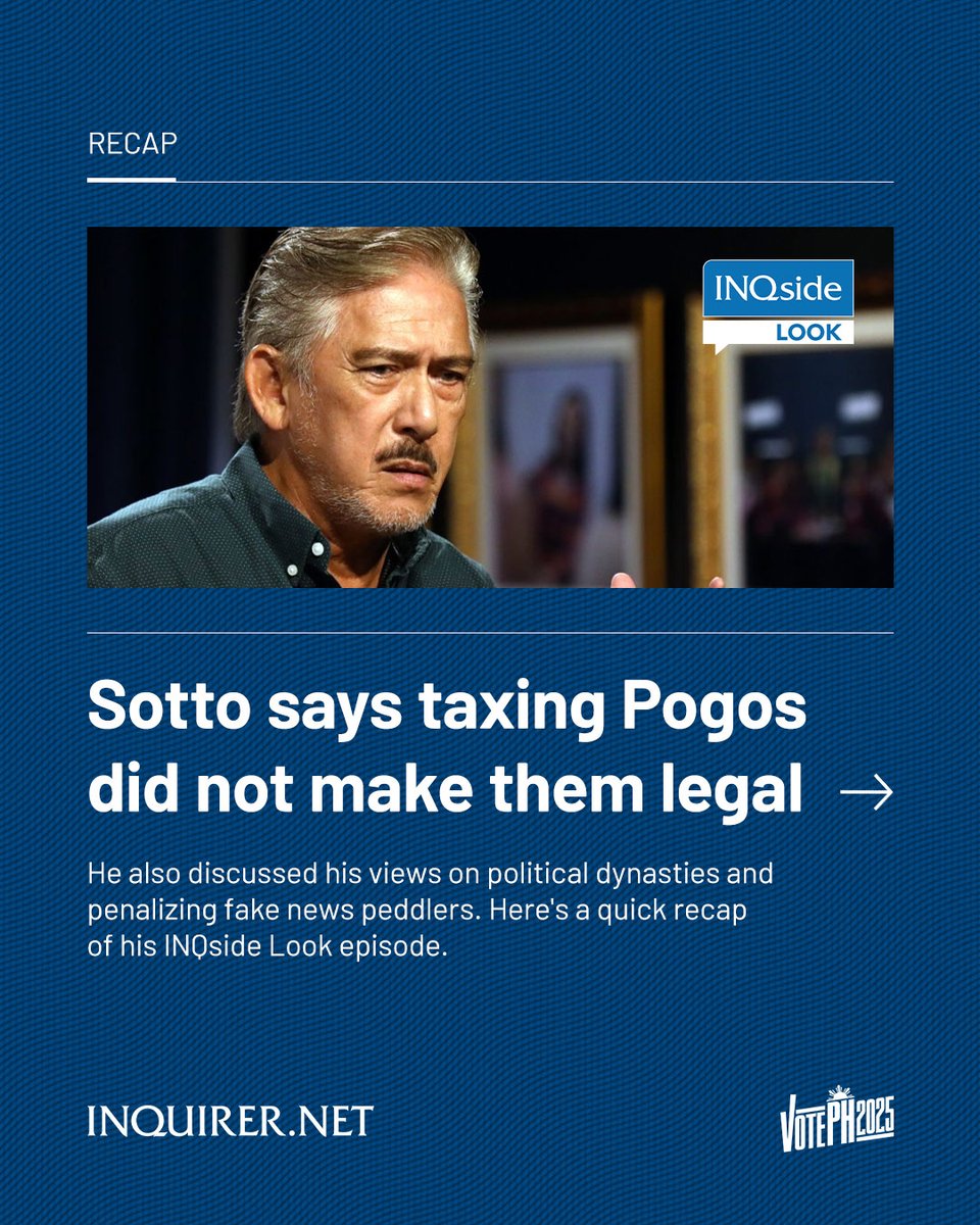 inquirerdotnet's tweet photo. Here’s a quick recap of https://t.co/E0yNJSWXKw’s #INQsideLook with senatorial aspirant Tito Sotto, who defended his controversial 2021 vote to tax Pogos and shared his views on political dynasties.
Watch Sotto's full sit-down interview on our YouTube channel and Facebook page. #VotePH
💻 https://t.co/hcmfipMDwQ
📱 https://t.co/O2kyhGnJx5