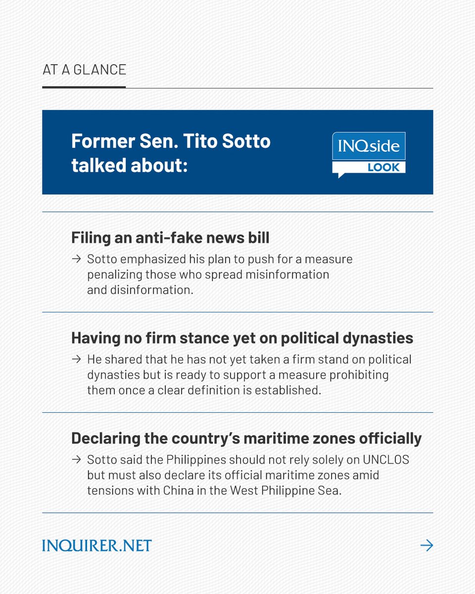 inquirerdotnet's tweet photo. Here’s a quick recap of https://t.co/E0yNJSWXKw’s #INQsideLook with senatorial aspirant Tito Sotto, who defended his controversial 2021 vote to tax Pogos and shared his views on political dynasties.
Watch Sotto's full sit-down interview on our YouTube channel and Facebook page. #VotePH
💻 https://t.co/hcmfipMDwQ
📱 https://t.co/O2kyhGnJx5