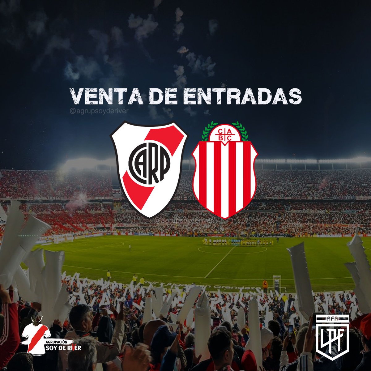 📢 𝗩𝗘𝗡𝗧𝗔 𝗗𝗘 𝗘𝗡𝗧𝗥𝗔𝗗𝗔𝗦 🎫
Para el partido 🆚️ Barracas Central en el Mâs Monumental.
•
𝗦𝗼𝗰𝗶𝗼𝘀 𝘀𝗶𝗻 𝗧𝗟𝗠
📅 Lunes 4/11 10 Hs.
•
𝗦𝗼𝗺𝗼𝘀 𝗥𝗶𝘃𝗲𝗿
📅 Lunes 4/11 17 Hs.
•
𝗡𝗼 𝗦𝗼𝗰𝗶𝗼𝘀
👉🏻 En caso de haber remanente: miércoles 6/11 a las 10 Hs.