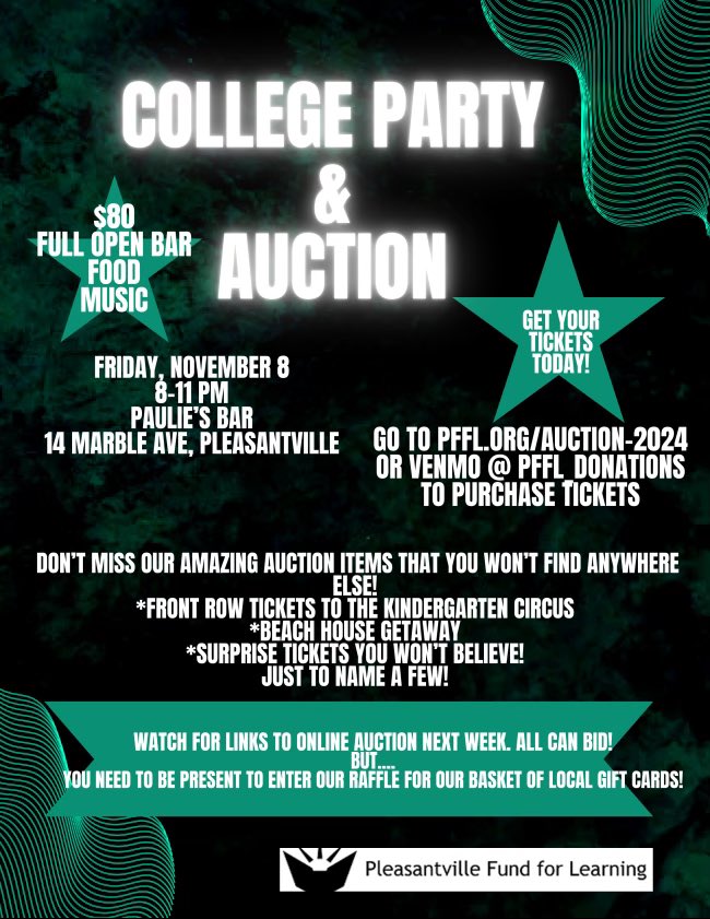 Details for Friday's College Party &amp; Auction at Paulie's. Get your tickets now at pffl.org/auction-2024.