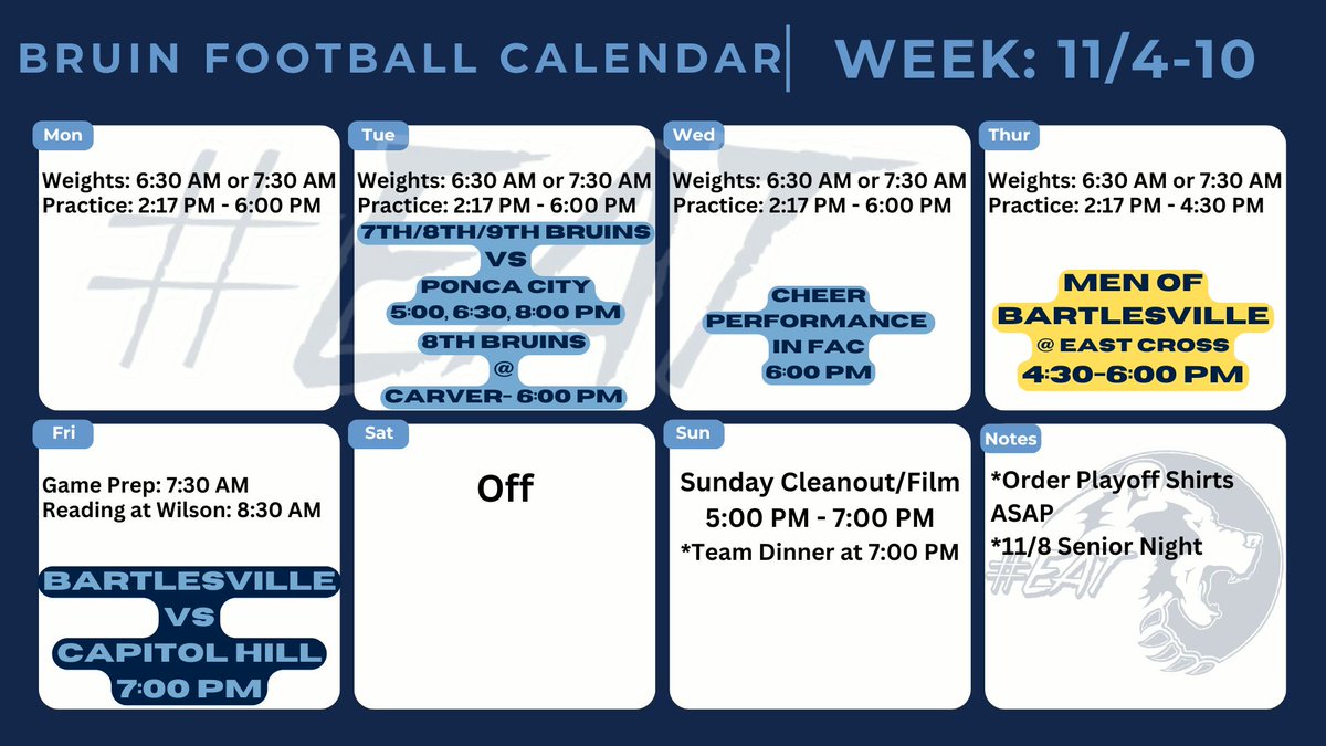 Weekly Schedule:  Get your playoff shirt order in!!

form.jotform.com/242956117228157
#EAT