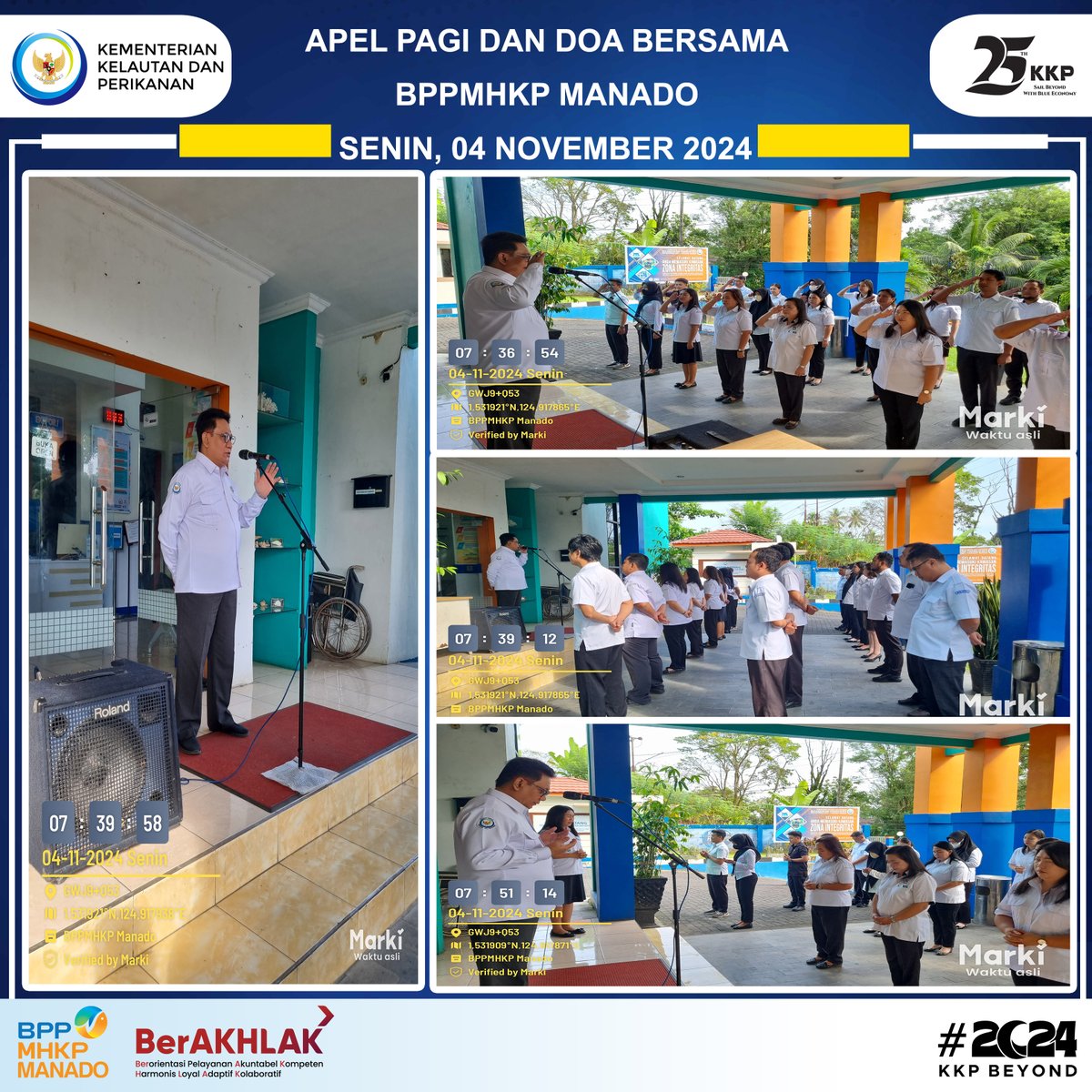 Manado, Senin 04 November 2024.
BPPMHKP Manado pada hari ini telah melaksanakan kegiatan apel pagi yang dipimpin oleh Kepala Balai BPPMHKP MANADO.
Dalam amanatnya, Kita ditekankan akan pentingnya kedisiplinan menjalankan setiap kewajiban dan tanggung jawab.
#bppmhkpmajubersamakkp