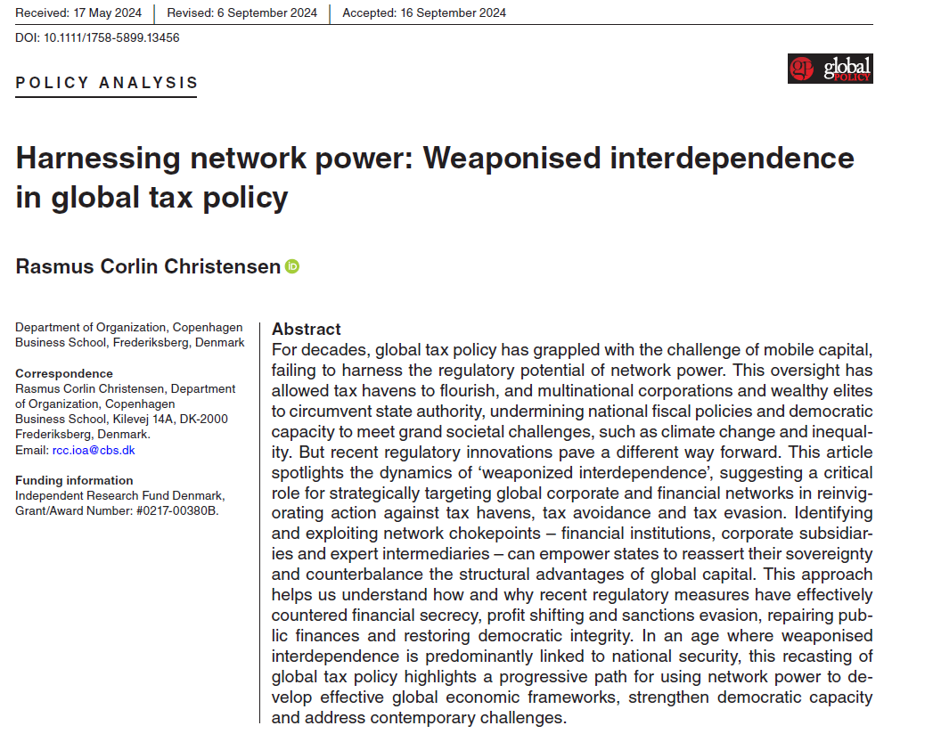 LATPForg's tweet photo. 🌎 Should countries be able to weaponize their "interdependence" on one another to effectuate global tax policy reform? See our short review of @phdskat's new paper, titled "Harnessing network power: Weaponised interdependence in global tax policy", here: https://t.co/qRaAq2Fncv https://t.co/fVbgR6A8Ob