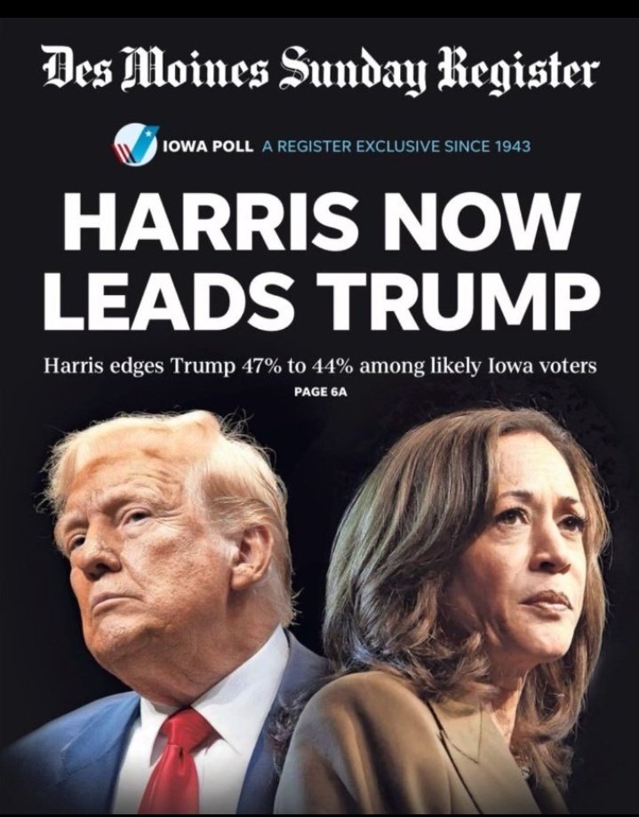 ramos4ny's tweet photo. Trump + his MAGA minions are complaining about the Seltzer Poll; the most respected in the nation!

Ann Selzer, Selzer &amp; Co's President, said: "It’s common for candidates to question unfavorable polling!"

The Poll showed Harris leading Trump 47% to 44% among likely Iowa voters!! https://t.co/vYcTyawTOx