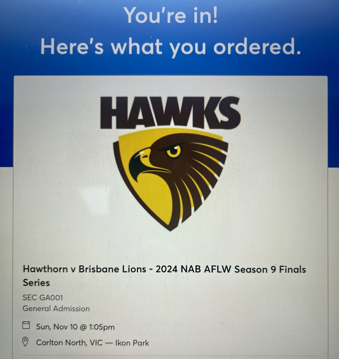 Let’s go HOKS!
<a href="/hawthornaflw/">Hawthorn FC AFLW</a> <a href="/HawthornFC/">Hawthorn FC</a> <a href="/aflwomens/">AFL Women's</a>