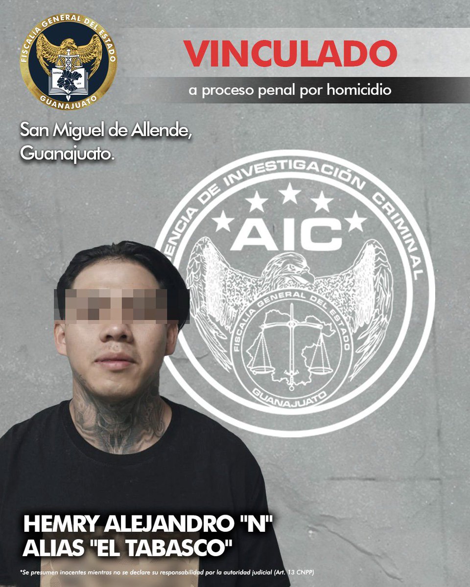 #InformaciónRelevante

Con trabajo pericial y de análisis de información, la #FiscalíaGuanajuato logró que HEMRY ALEJANDRO “N” alias “El Tabasco”, fuera vinculado a proceso penal por el delito de homicidio registrado el 15 de septiembre de 2024 en un bar ubicado en Calzada de la