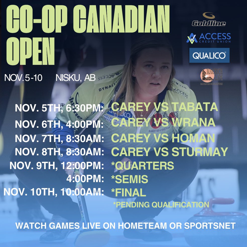 Schedule drop 🔥

We are in Nisku for the week, for the Co-op Canadian Open!!! You can follow along with all the action on HomeTeam all week and on Sportsnet starting Thursday! 

As Emily is unable to join us this week, stay tuned for our super spare announcement coming soon!