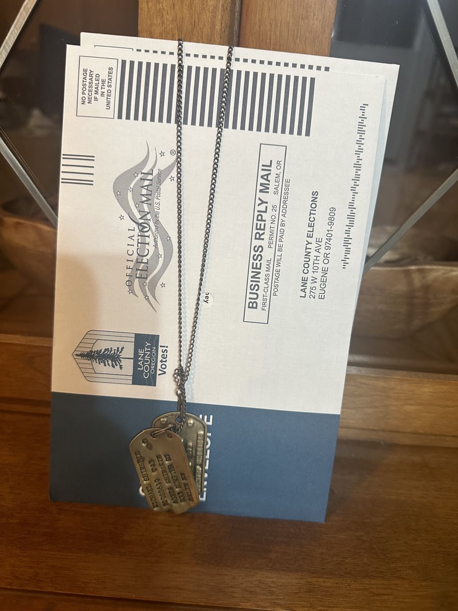 I wore my grandpa’s dog tags while I voted, and I’ll be wearing them Tuesday night in DC doing analysis for Channel 4 London. 

These ‘tags liberated Europe from fascism, all you have you do is vote against it. 

#Harris2024