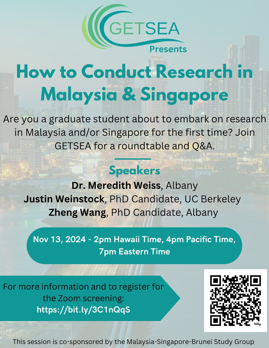 Join us for the next GETSEA's "How to Conduct Research in Southeast Asia" series entry on Malaysia &amp; Singapore w/ special guests Meredith Weiss, Justin Weinstock, Zheng Wang!

Nov 13 @ 7:00pm (EST)