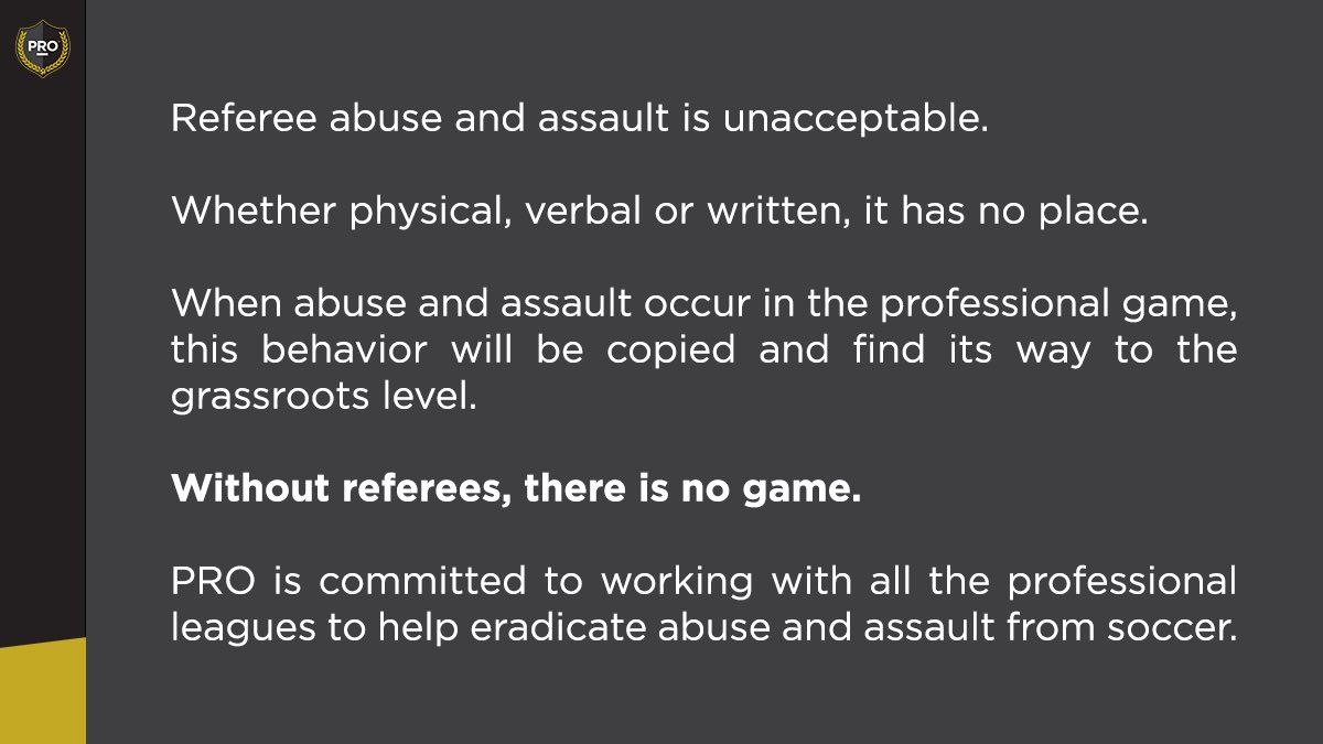 PROreferees's tweet image. ⚽️// Referee abuse and assault is unacceptable. 

#PRO | #LeadingTheWay