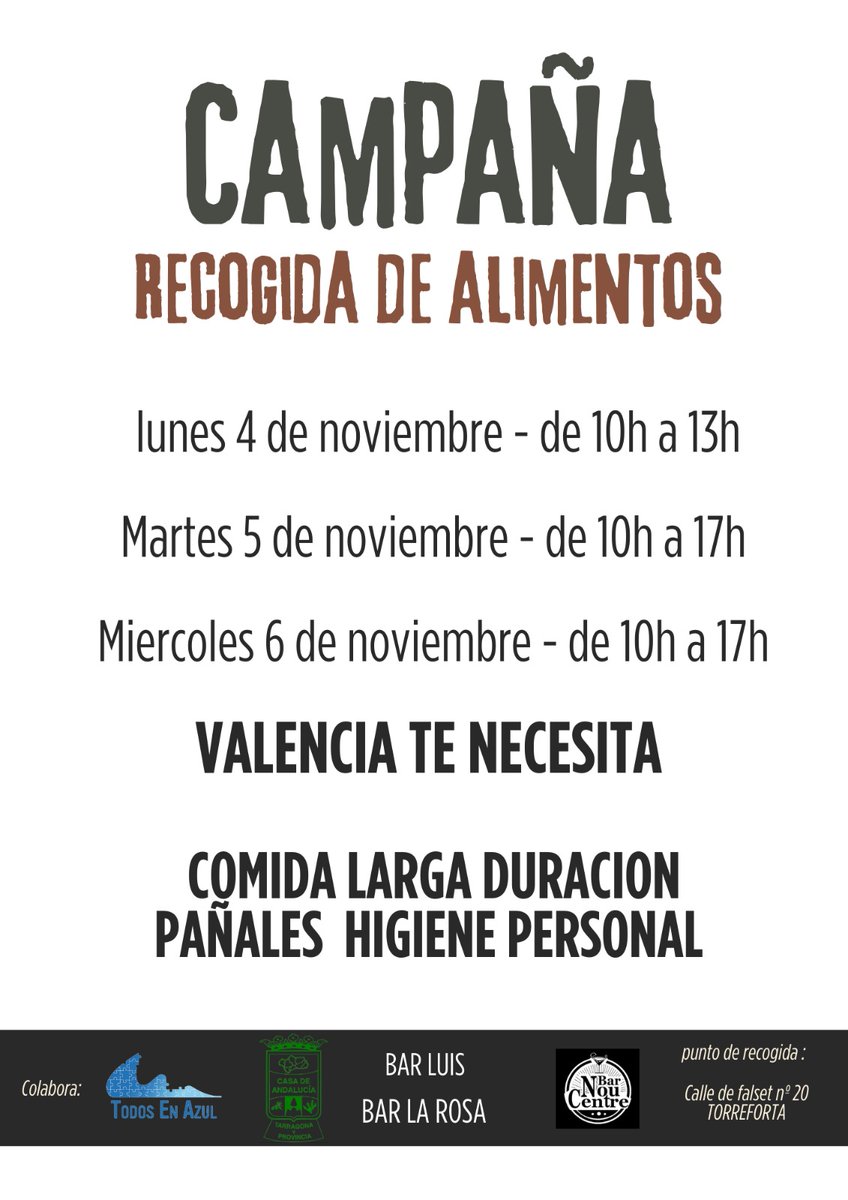🚨Campaña Recogida de Alimentos, Ropa y Productos de Higiene 🧴🍲 🍼
Desde La Casa Andalucía de Tarragona y Provincia y Todos En Azul, queremos unir fuerzas para ayudar a las familias de Valencia.Cada donación cuenta para marcar una diferencia. 

¡Te invitamos a sumarte y ayudar!