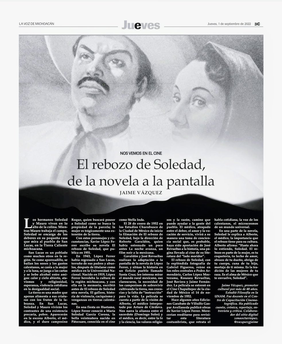 El 3 de noviembre de 1973 falleció Arturo de Córdova. La nota publicada en el suplemento cultural Jueves de <a href="/vozmichoacan/">La Voz de Michoacán</a> lo recuerda en "El rebozo de Soledad", película que lo reunió junto a grandes intérpretes. Una página destacada de nuestro cine.