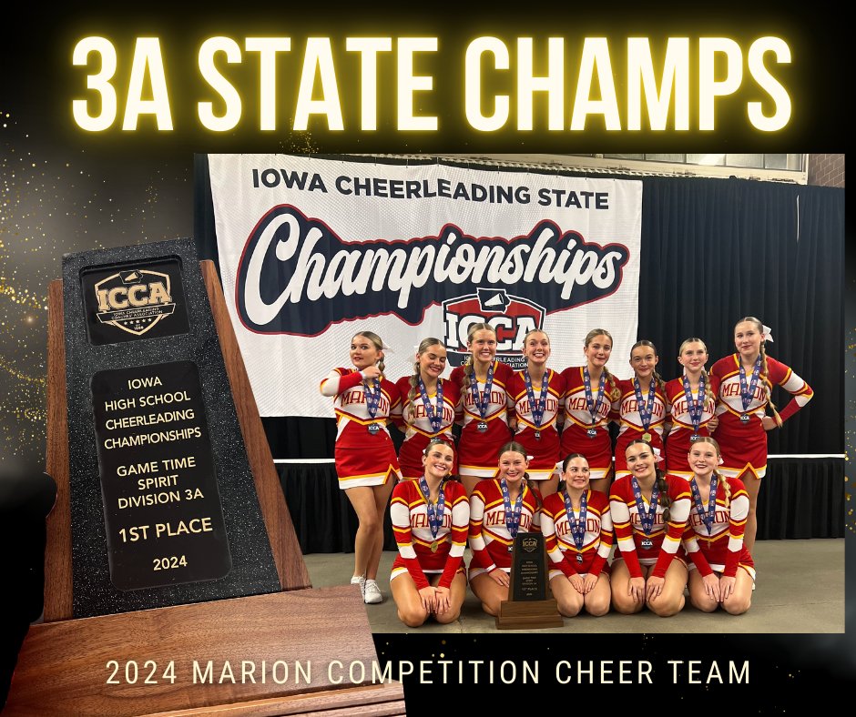 Congratulations to our Competition Cheer Team for accomplishing 1st place in the Iowa High School Cheerleading Championships . First Place: Game Time Spirit Division 3A.  #MISDinspire #MISDOwnYourFuture