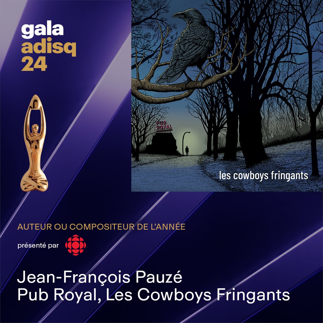 #GalaAdisq ✨ La catégorie « Auteur ou compositeur » est présentée par Radio-Canada. Le Félix est remis à… Jean-François Pauzé pour l'album « Pub Royal », @LesCFringants. Félicitations!