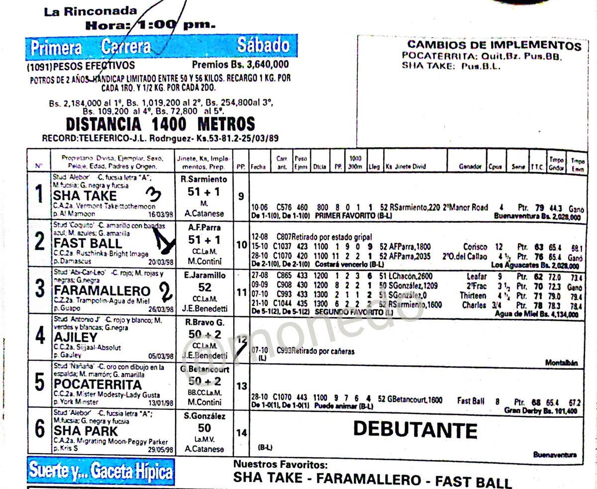 04/11/2000 la victoria No. 2.000 del excelente Campeón jockey venezolano ANGEL FRANCISCO PARRA con el ejemplar Fast Ball.

Foto <a href="/Monedo/">Mario Rodriguez</a>