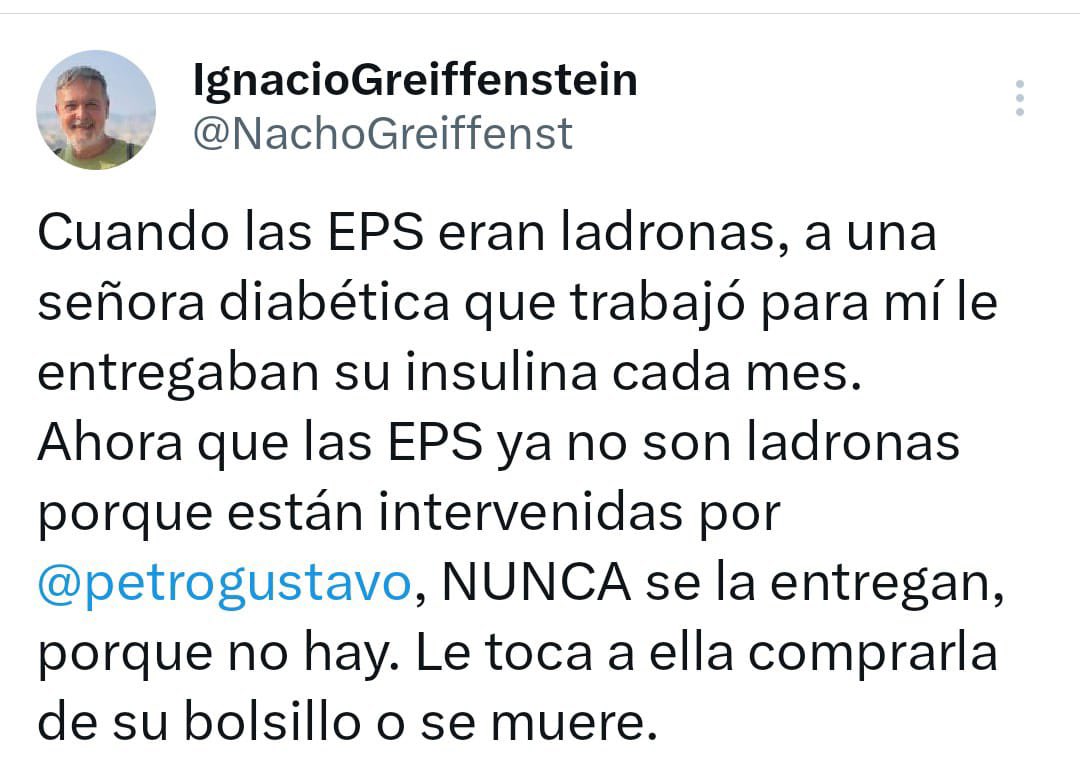 EnriquePenalosa's tweet photo. A cada colombiano que esté enfermo, que tenga un familiar, un amigo o un vecino que fue a reclamar un medicamento y no se lo entregaron y que reconozca que esto es mucho peor a lo que sucedía antes de este gobierno, recuerden y ojalá no se les olvide nunca que esto es el resultado de la nefasta e inhumana gestión del presidente @petrogustavo y sus amigos . Fue él quien nombró a los gerentes que hoy están al frente de las EPS que manejan la salud de la mayoría de los colombianos más pobres, a quienes su propio Superintendente de Salud se atrevió a denunciar por corruptos y por lo que dicen le pidieron la renuncia. Son quienes se vienen enriqueciendo a costa del sufrimiento de los más vulnerables y ahora USTED cínicamente quiere evadir su responsabilidad y como es su  costumbre pretender culpar a otros por la corrupción de los nombrados por usted