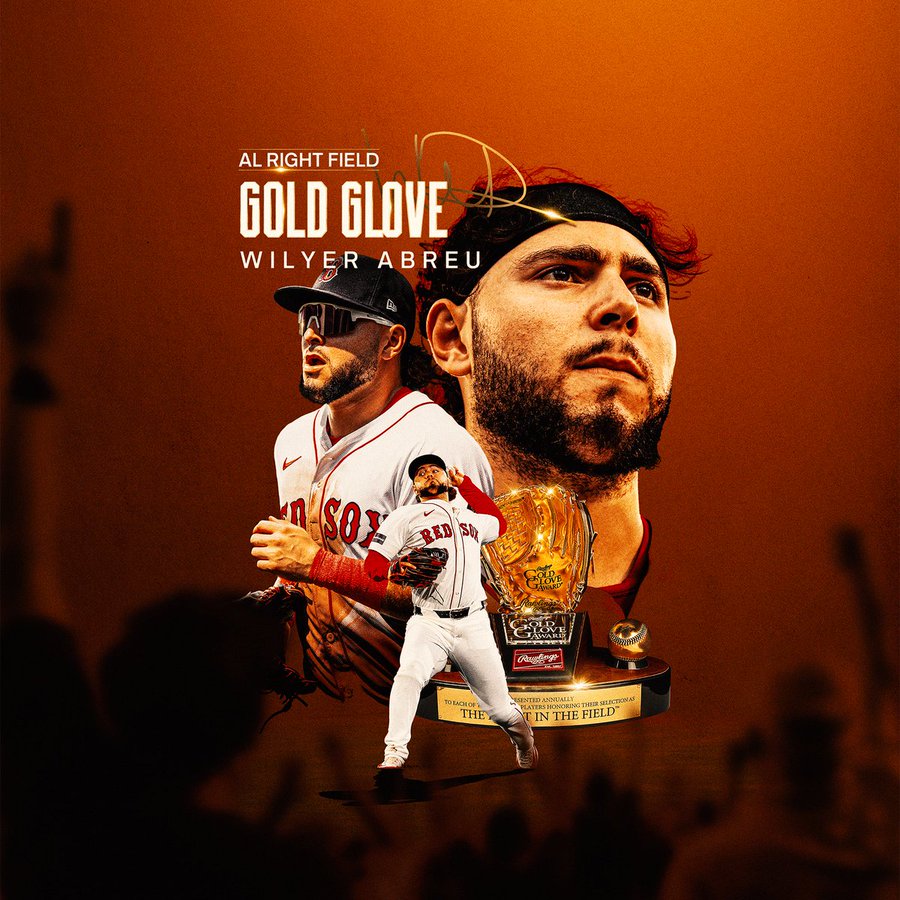 TEXT: AL Right Field Gold Glove WILYER ABREUIMAGE: A collage of cutouts is overlaid on a gold background. Cutouts include Wilyer Abreu throwing from right field in a Red Sox home white uniform, running in the field, and a headshot portrait photo alongside a Rawlings Gold Glove Award. 