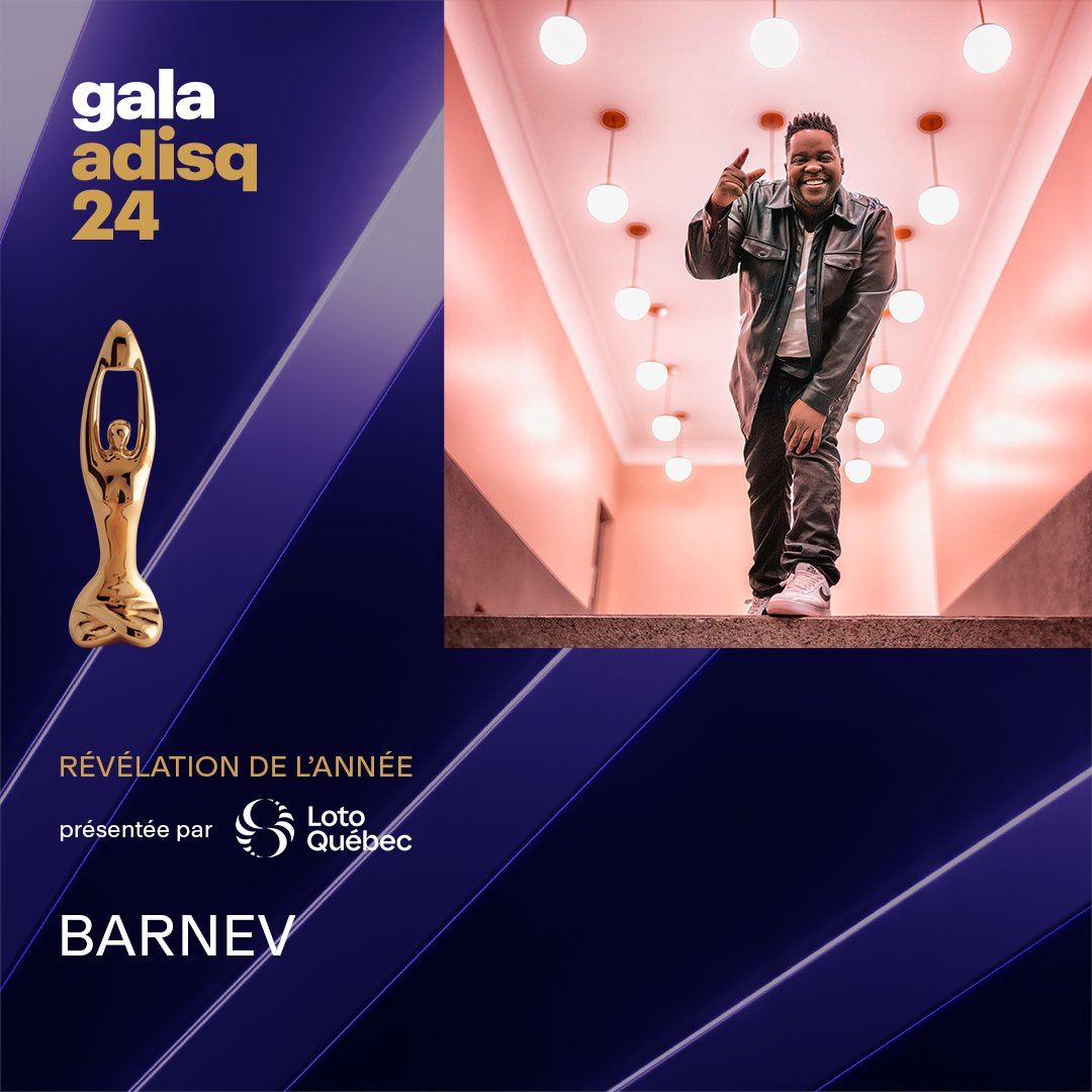 #GalaAdisq ✨ « Révélation de l'année » est présentée par <a href="/LotoQuebec/">Loto-Québec</a>. Le Félix est remis à <a href="/Barnev/">Barnev</a>. Félicitations!