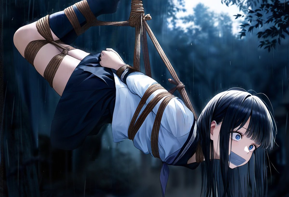 吊るされる女の子。
人気のない山の中でこんな目に合わされているので助けはこないでしょう。
てか、首に巻かれたロープが締まるので時間的猶予は少ないのですけどね。
こんな状況に遭遇したらみなさんは彼女を助けますか？それとも・・・・。