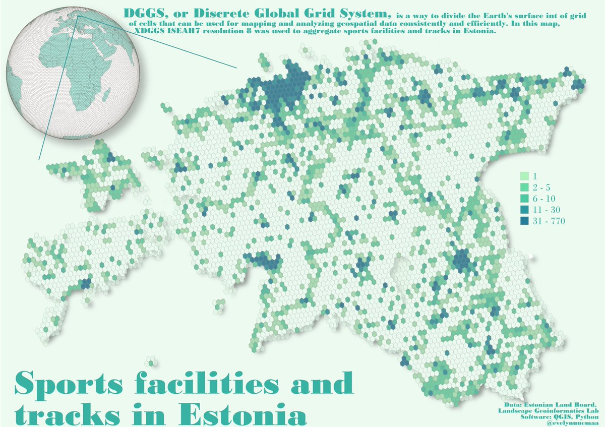 Evelyn | @evelynuuemaa@fosstodon.org (@evelynuuemaa) on Twitter photo Day 4: Hexagons - sports facilities and tracks in #Estonia mapped into #DGGS 🌍🌐🏃♀️🤾🏊♀️🚴♀️ XDGGS ISEA7H resolution eight was used to aggregate the data. DGGS is hopefully the next revolution in #geospatial 😊🤩 #30DayMapChallenge <a href="/allixender/">Alexander Kmoch | @allixender@fosstodon.org</a> Day 4: Hexagons - sports facilities and tracks in #Estonia mapped into #DGGS 🌍🌐🏃♀️🤾🏊♀️🚴♀️ XDGGS ISEA7H resolution eight was used to aggregate the data. DGGS is hopefully the next revolution in #geospatial 😊🤩 #30DayMapChallenge <a href="/allixender/">Alexander Kmoch | @allixender@fosstodon.org</a>