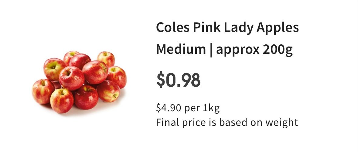 kewriousgeorge's tweet photo. @craigkellyXXX How do you explain $3.90/kg for Granny Smiths and $4.90 for Pink Lady at Coles then? https://t.co/vyBVzxqzid