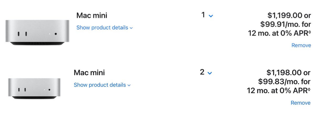 this is so absurd it's crazy lmfao

2x 16GBx256GB mac minis cost 1$ cheaper than a single 32GBx512GB mac mini