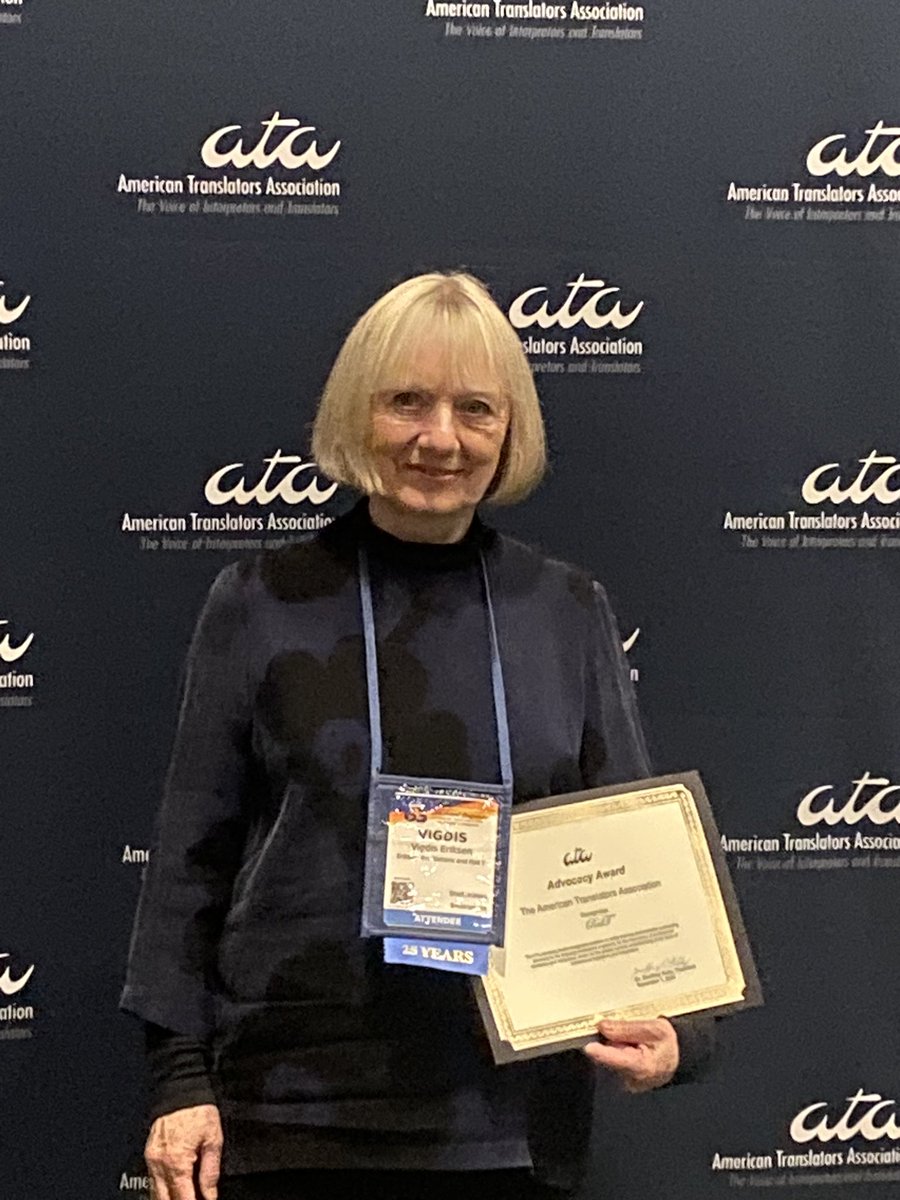 TheRedT's tweet image. Vigdis Eriksen, chair of Red T, accepted the ATA Advocacy Award on behalf of our non-profit at the #ATA conference in Portland, Oregon. @atanet @EriksenTrans #ATA65 #ProtectLinguists
