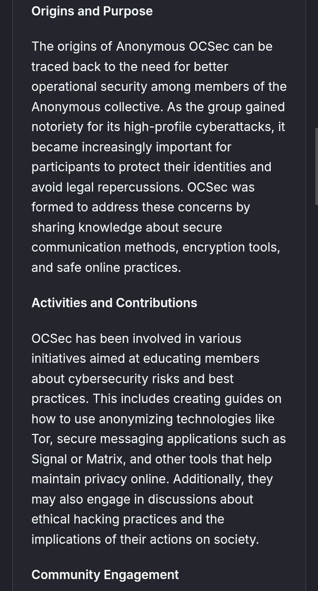 your_wires74143's tweet photo. Seems AI knows Anonymous OCSec better then those claiming to be Anonymous that spread rumors and lies to discredit and character assassination operations against real anons 

#anonymous #Ocsec https://t.co/jYolYjMU0R