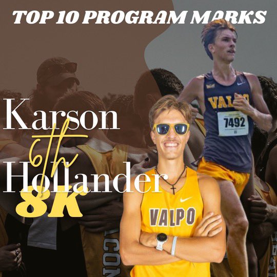 ValpoXCTF's tweet image. Sophomore Karson Hollander showed out at MVC’s this past weekend moving up in the record book to now rank him 6th All-Time in the 8k!

#BuildingALegacy