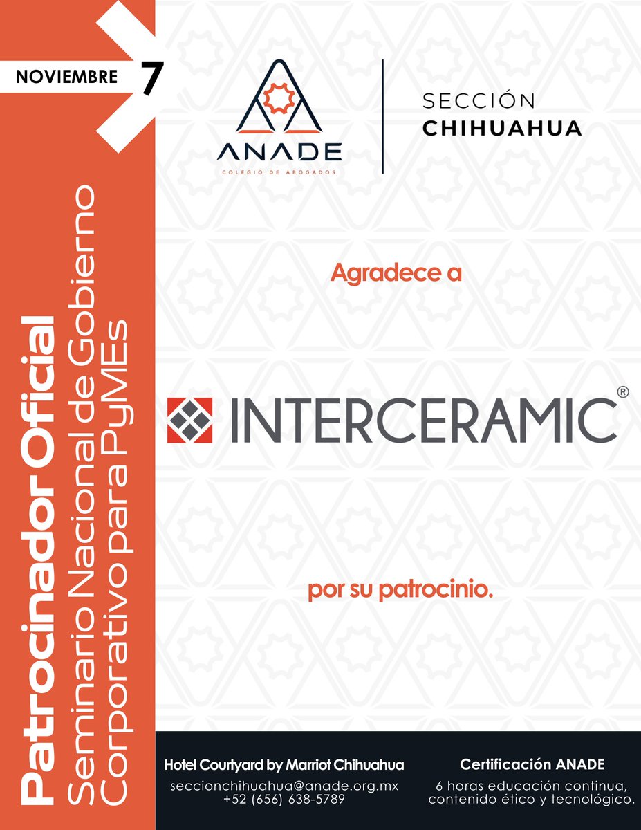 [ANADE CH] Seminario Nacional de Gobierno Corporativo para PyMEs

Panel 2: Estrategias Ambientales

📆07/11/2024, evento híbrido

Ante el cambio climático, empresas proactivas; registro forms.gle/Q3nD3wW9soZYGE…

#integridadydesarrollo
#anadechihuahua
#anade