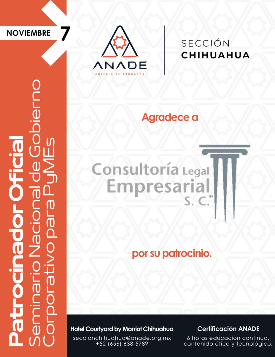 [ANADE CH] Seminario Nacional de Gobierno Corporativo para PyMEs

Panel 3: Estrategias Sociales

📆07/11/2024, evento híbrido

Una empresa incluyente aporta al desarrollo sostenido; registro forms.gle/Q3nD3wW9soZYGE…

#integridadydesarrollo
#anadechihuahua
#anade