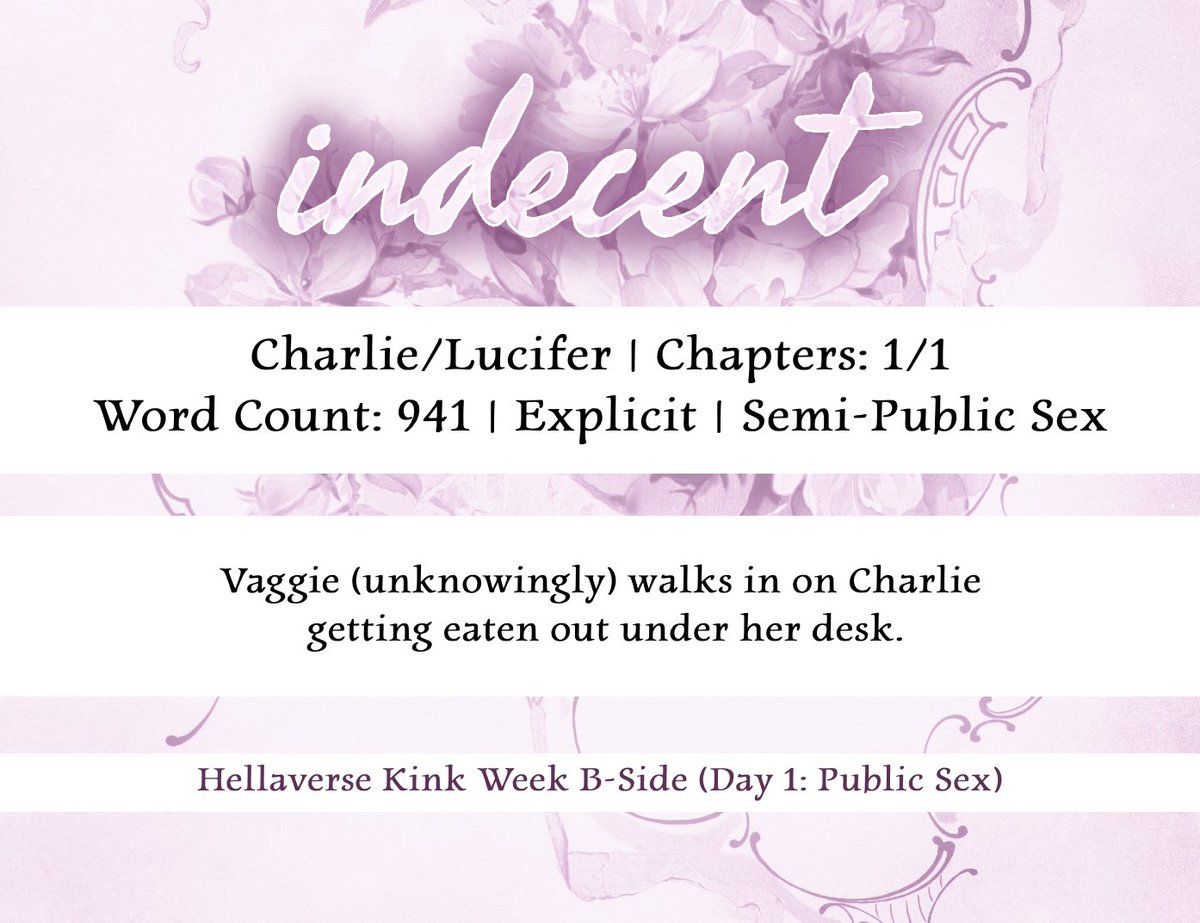 INDECENT | #charcifer #morningcest #fallenapple #charliexlucifer | Explicit

for Day 1: Public Sex of the #HellaverseKinkWeek (<a href="/HellaverseKinkW/">Hellaverse Kink Week</a>) I whipped up this very short excerpt about Lucifer being a bastard underneath Charlie's desk

link → archiveofourown.org/works/60308041