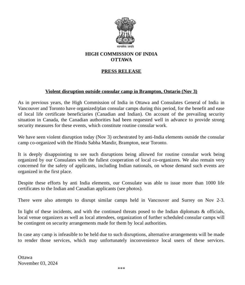 HCI_Ottawa's tweet photo. PRESS RELEASE 

"Violent disruption outside consular camp in Brampton, Ontario (Nov 3)"

@MEAIndia 
@IndianDiplomacy 
@diaspora_india 
@cgivancouver 
@IndiainToronto https://t.co/V7QNMmA4eR
