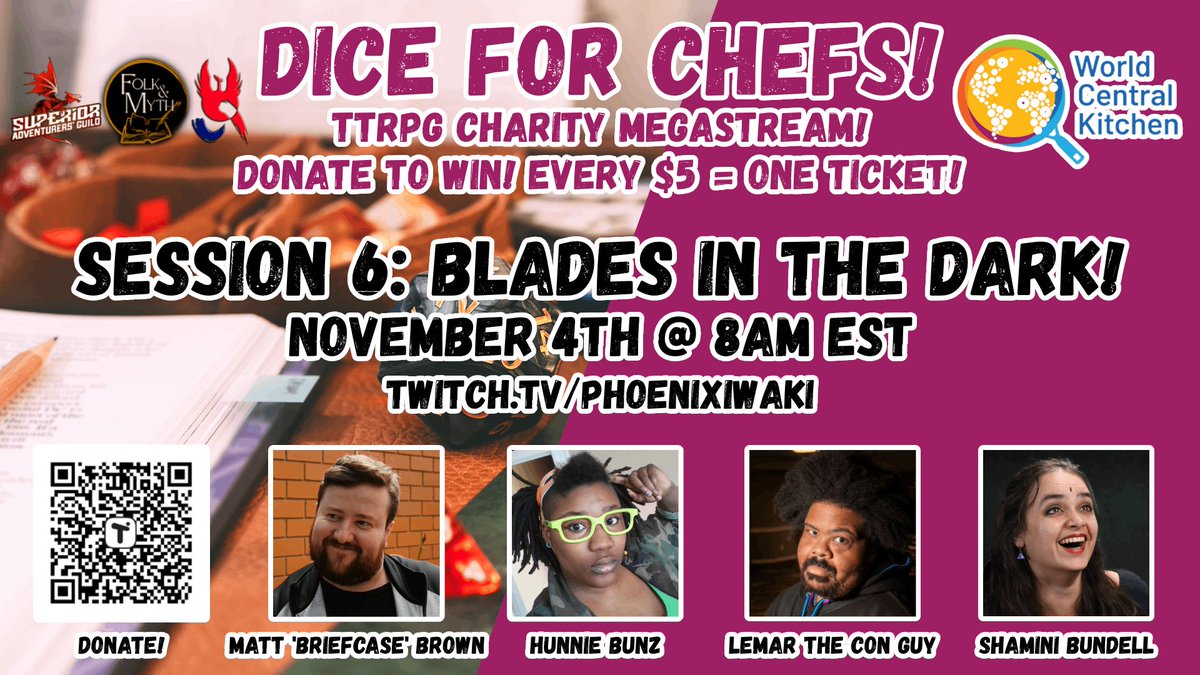 Phoenixiwaki (@phoenixiwaki) on Twitter photo 🚨Live in a few hours!
Charity stream for World Central Kitchen!
Top donor wins copy of <a href="/bladesinthedark/">Blades In The Dark</a> & the new expansion from <a href="/john_harper/">John Harper</a>
Donate to enter prize draw: tilt.fyi/qlbbYlYoGM
With: <a href="/NoFunBrown/">Matt “Briefcase” Brown</a>
<a href="/LemarTheConGuy/">Lord Rev. LemarTheConGuy</a>
<a href="/SBundell/">Shamini Bundell</a> & Bunz!✨
▶️twitch.tv/phoenixiwaki 🚨Live in a few hours!
Charity stream for World Central Kitchen!
Top donor wins copy of <a href="/bladesinthedark/">Blades In The Dark</a> & the new expansion from <a href="/john_harper/">John Harper</a>
Donate to enter prize draw: tilt.fyi/qlbbYlYoGM
With: <a href="/NoFunBrown/">Matt “Briefcase” Brown</a>
<a href="/LemarTheConGuy/">Lord Rev. LemarTheConGuy</a>
<a href="/SBundell/">Shamini Bundell</a> & Bunz!✨
▶️twitch.tv/phoenixiwaki